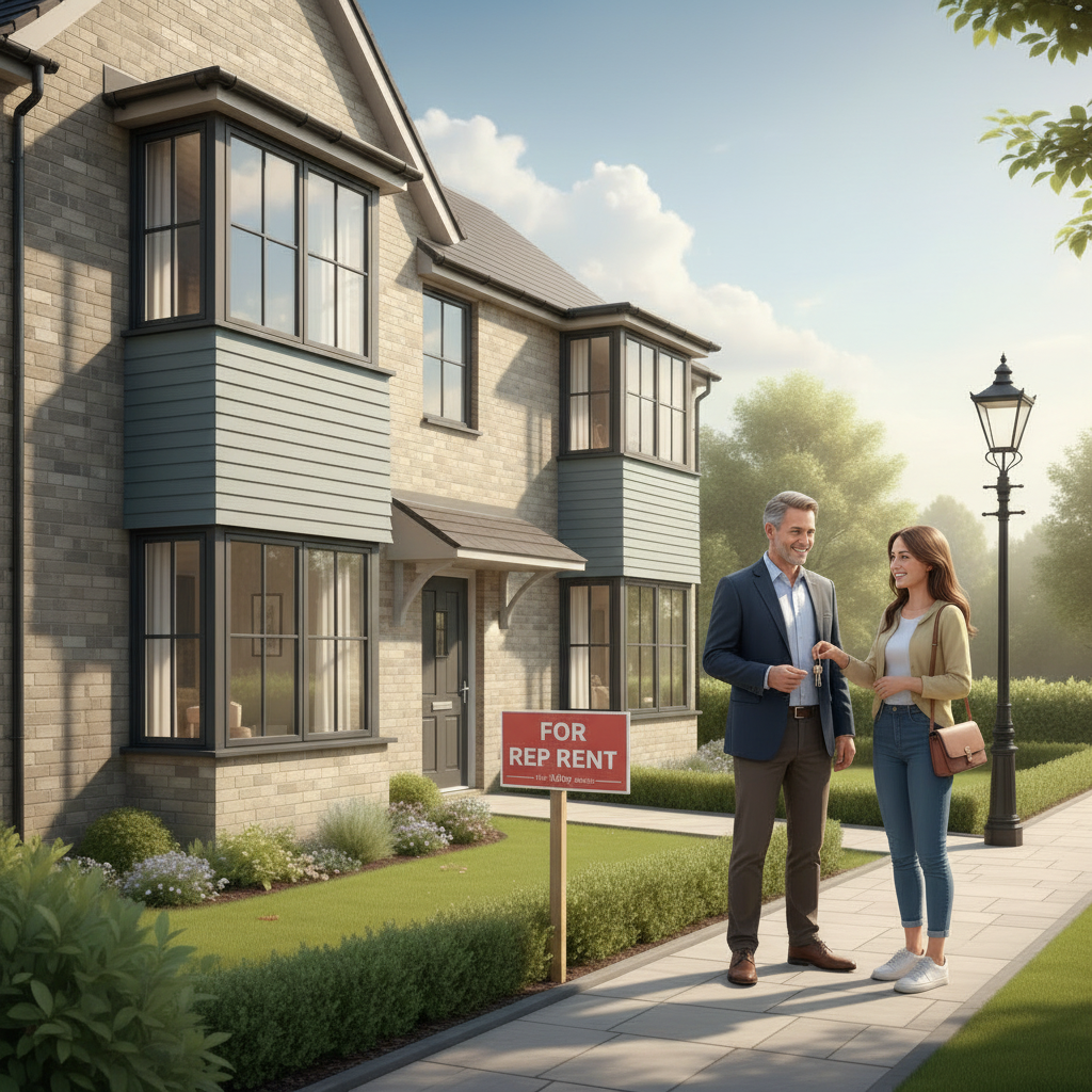 UK rental property with landlord handing keys to tenant outside well-maintained house, representing property letting services by LetKey Homes Ltd