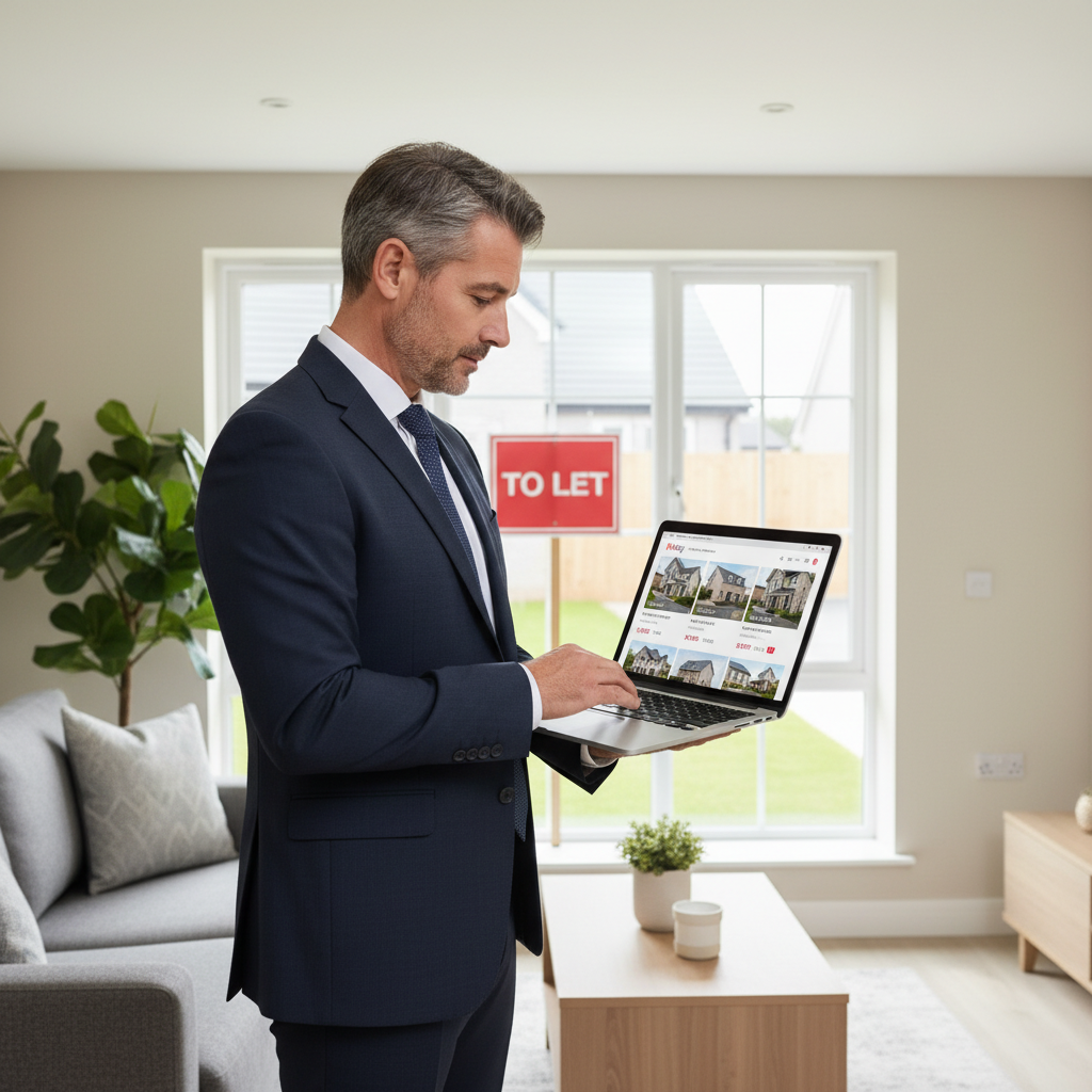 UK landlord analysing rental market data on laptop inside modern property to set the right rent with LetKey Homes Ltd