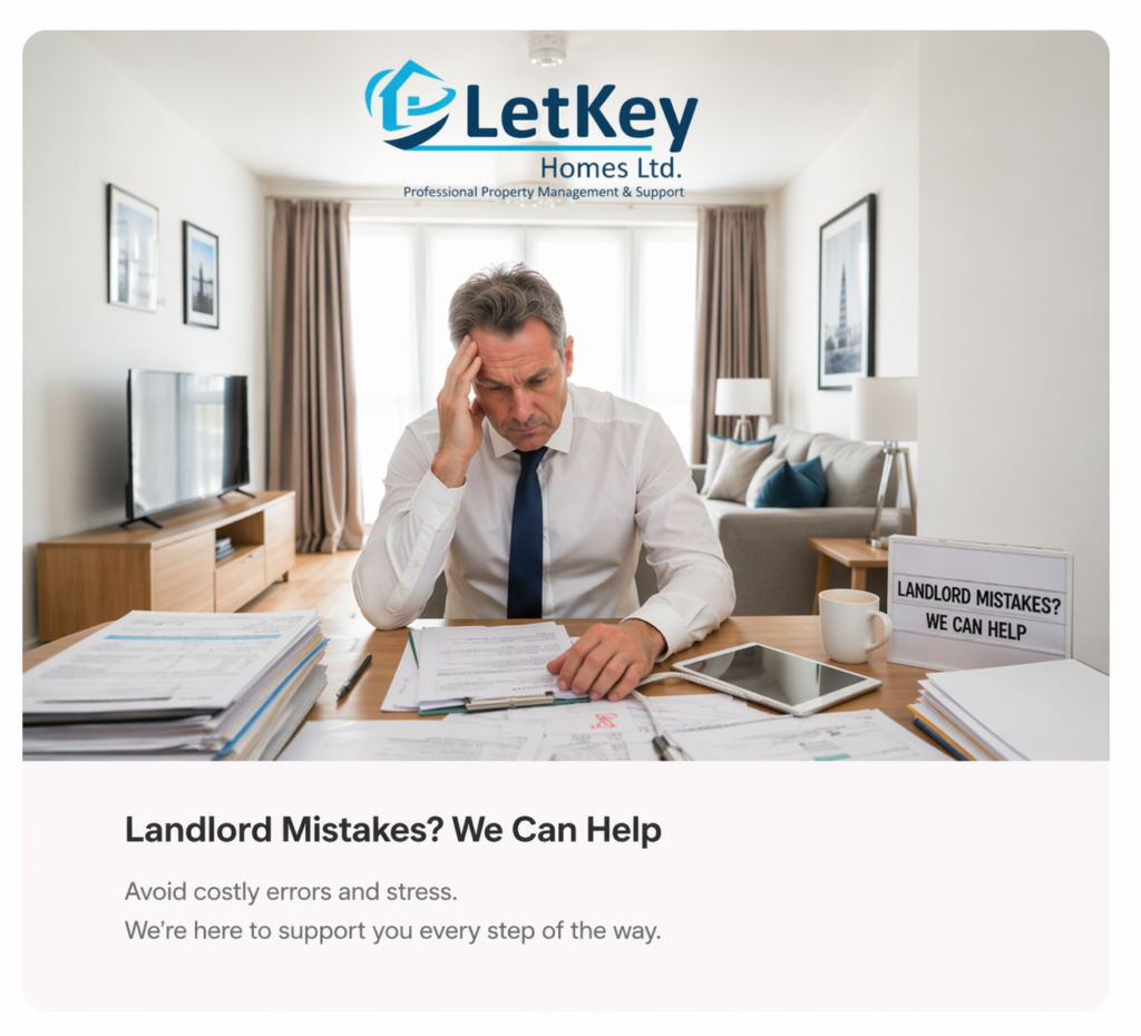UK landlord reviewing tenancy documents and compliance paperwork to avoid common letting mistakes with LetKey Homes Ltd support